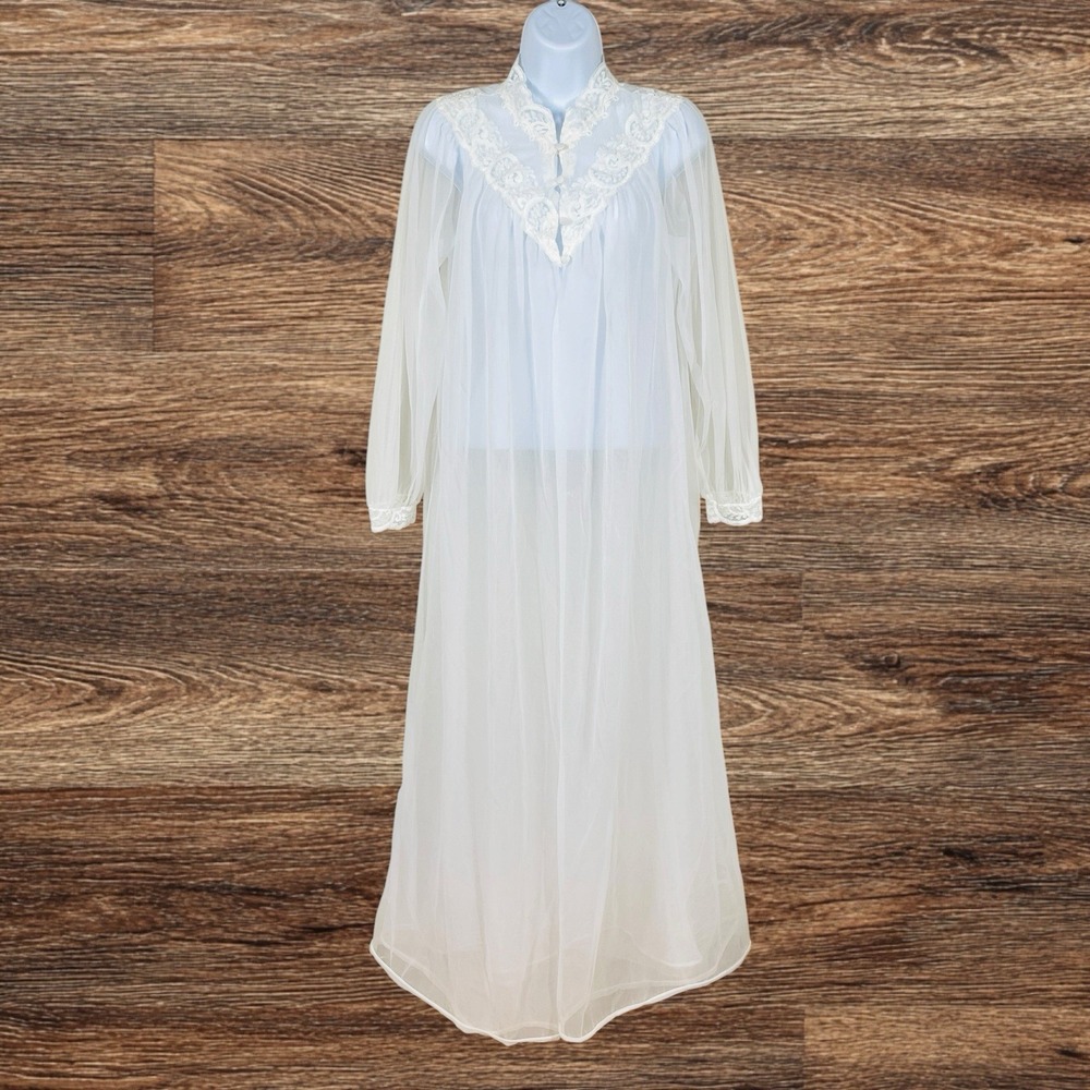 Miss Elaine Vintage Night Robe Size M White Sheer Mesh Lace Trim Full Sweep Hem